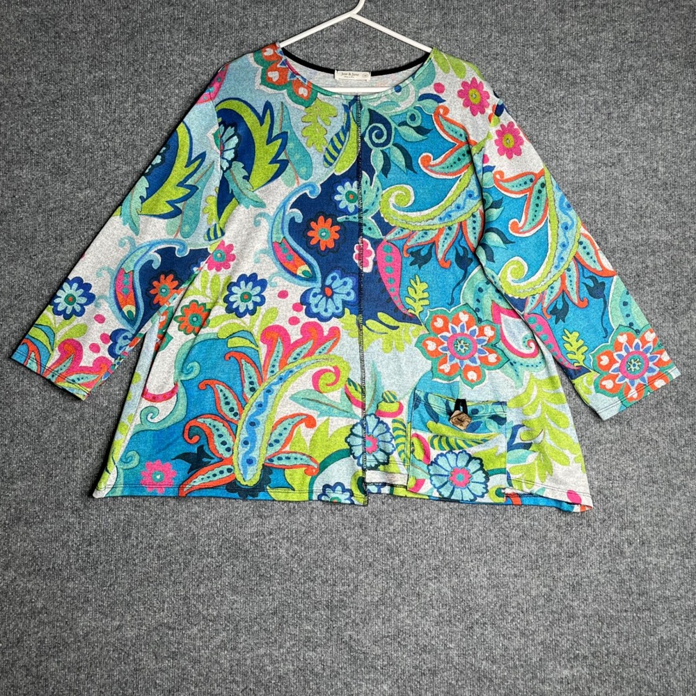 Jess & Jane Womens 1X Paisley Floral Print Tunic Top Blue Green Made in USA